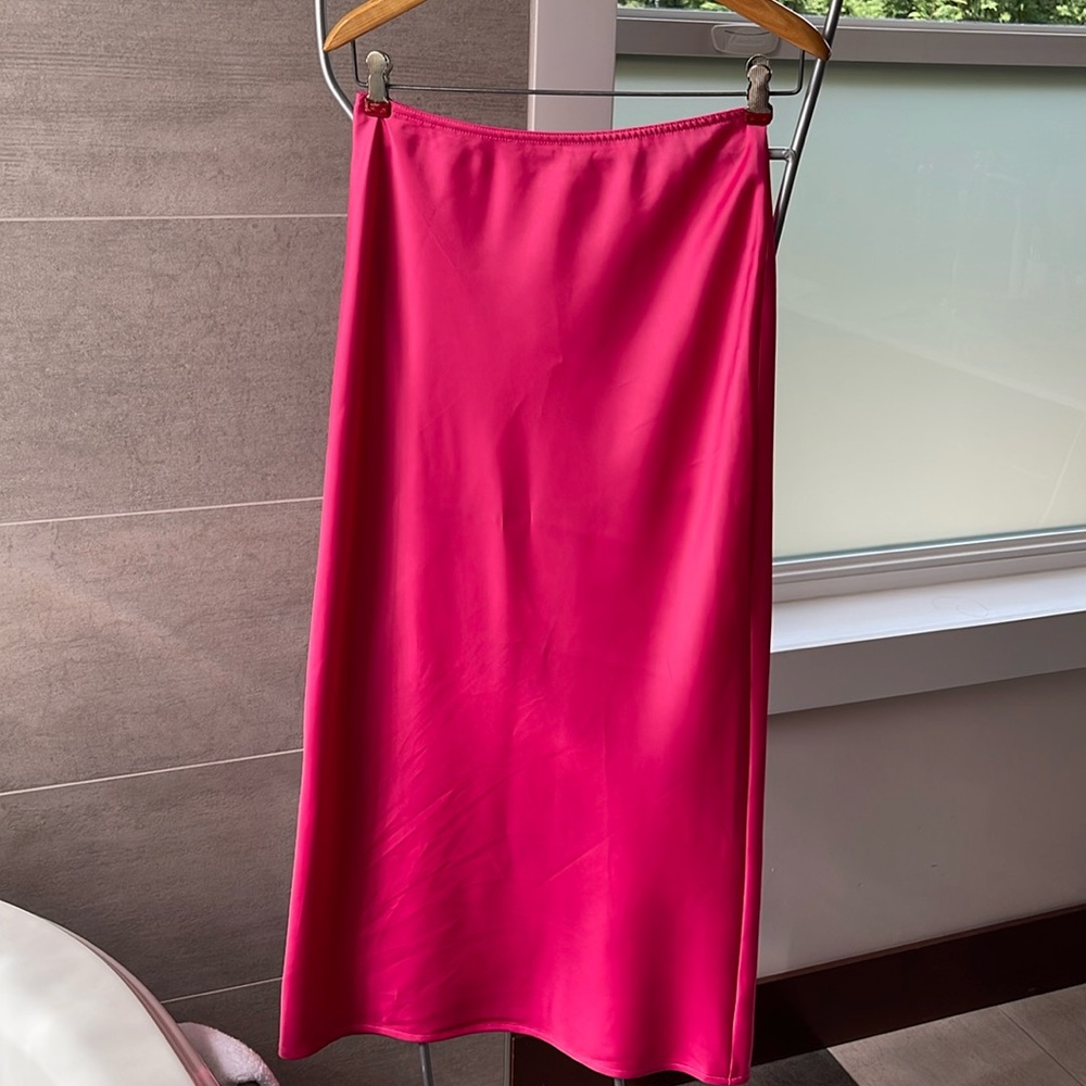Pink Satin Midi Skirt